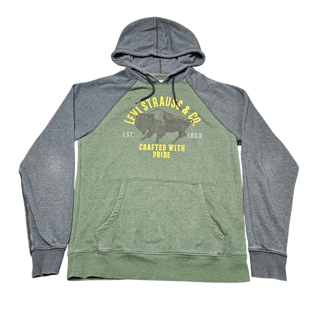 Levis Hoodie Mens Small Green Gray Color Block Buffalo Graphic Raglan Sweatshirt